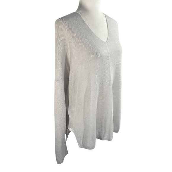 Margaret O'Leary Medium Lightweight Gray V-Neck Sweater Open Knit Linen - Picture 4 of 9
